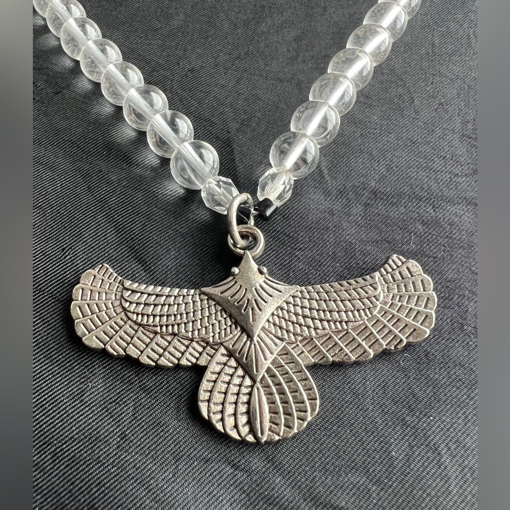 Up-cycled Vintage Clear Quartz Gemstone Beaded Necklace with Bird Pendant
